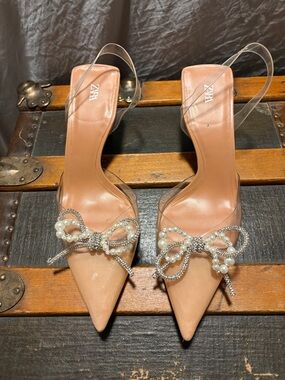 ZARA Nude Pointed Slingback Heels with Pearl Bow Accent